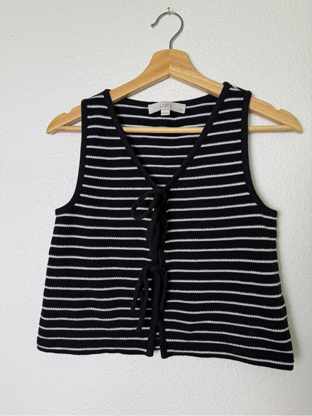 LOFT Black & White Striped Tie-Front Knit Tank XXS